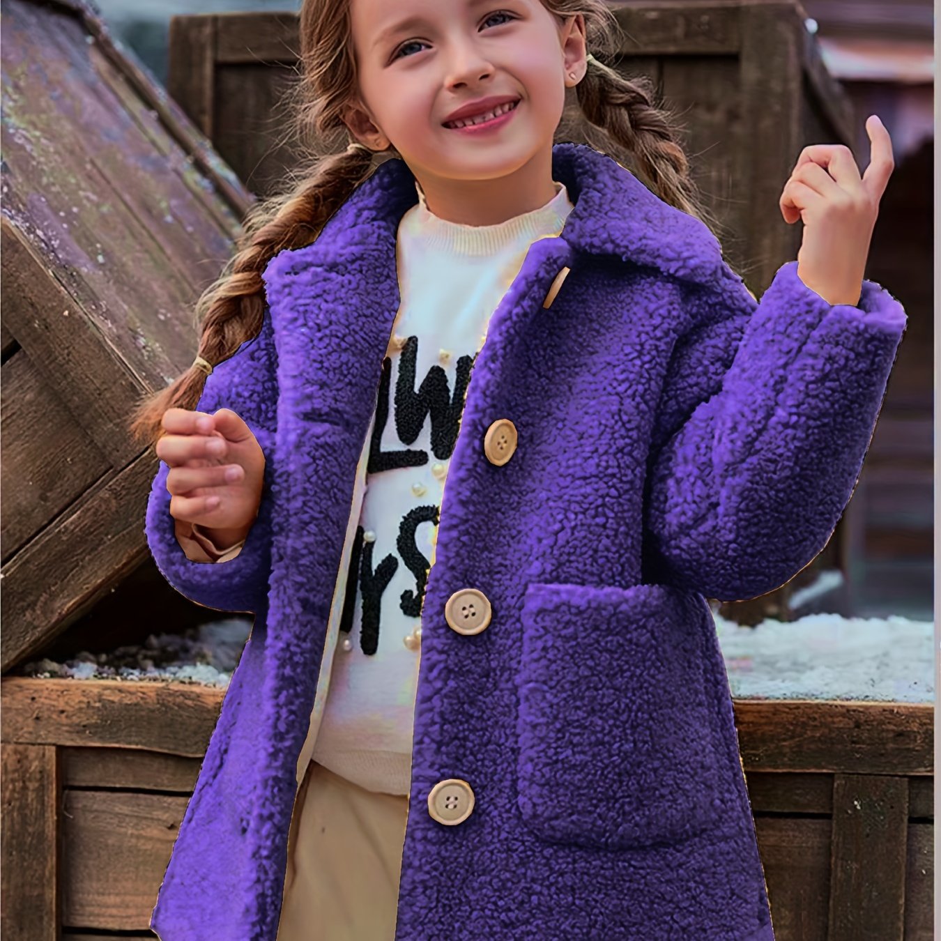 [Lamb Fur Jacket] Girls' Lamb Fur Jacket | JOMAKE Korean-Style Lapel Collar, Two-Tone, Warm Windbreaker with Pockets, Lining, Button Closure, Long Sleeves for Winter
