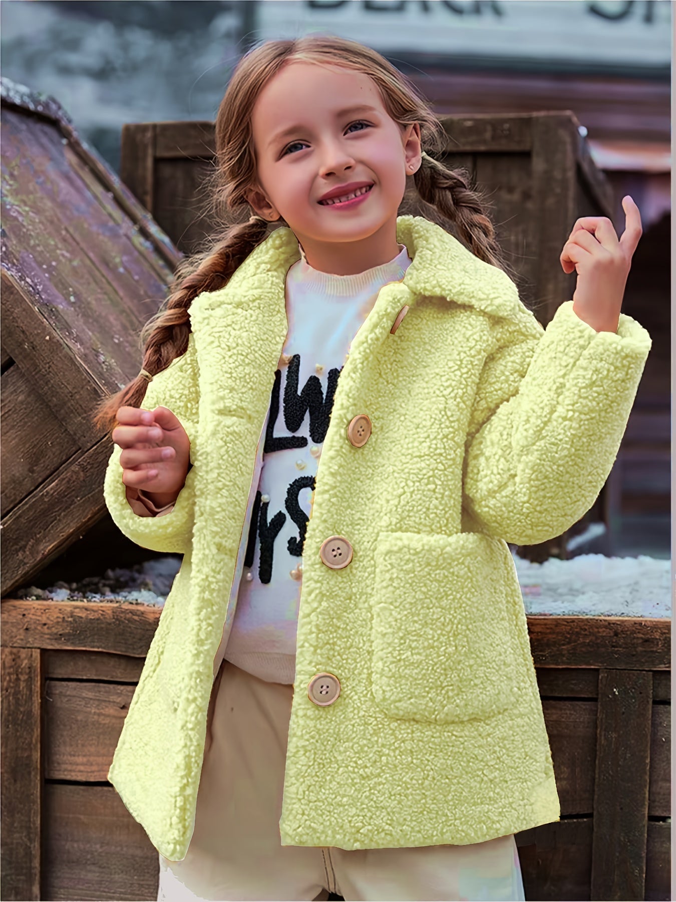 [Lamb Fur Jacket] Girls' Lamb Fur Jacket | JOMAKE Korean-Style Lapel Collar, Two-Tone, Warm Windbreaker with Pockets, Lining, Button Closure, Long Sleeves for Winter