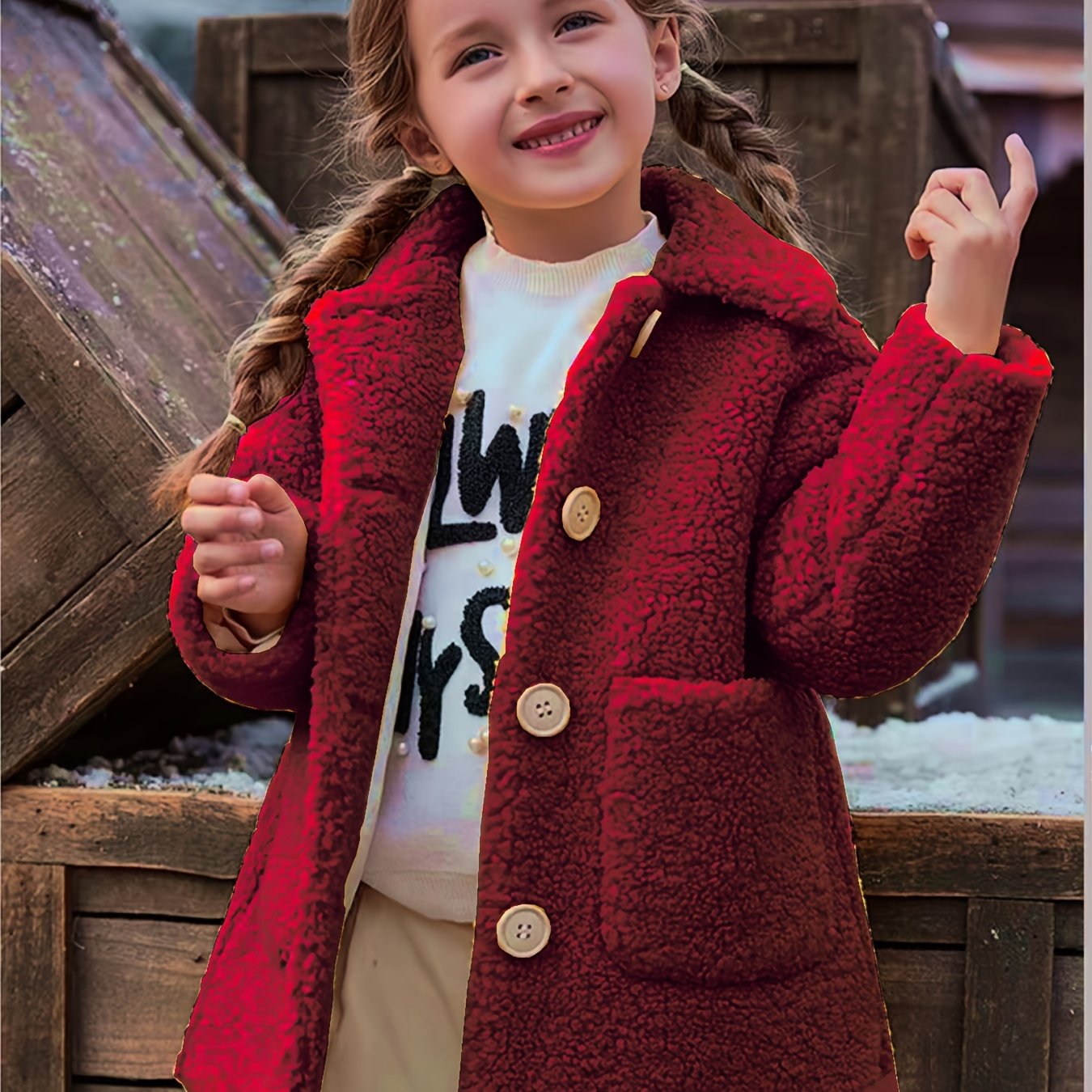[Lamb Fur Jacket] Girls' Lamb Fur Jacket | JOMAKE Korean-Style Lapel Collar, Two-Tone, Warm Windbreaker with Pockets, Lining, Button Closure, Long Sleeves for Winter