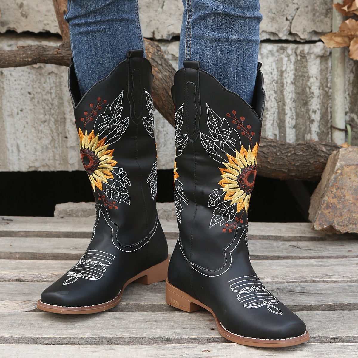 [Mid Calf Embroidered Western Boots] Women's Embroidered Mid Calf Western Boots, Faux Leather Fashion Boots, Women's Footwear