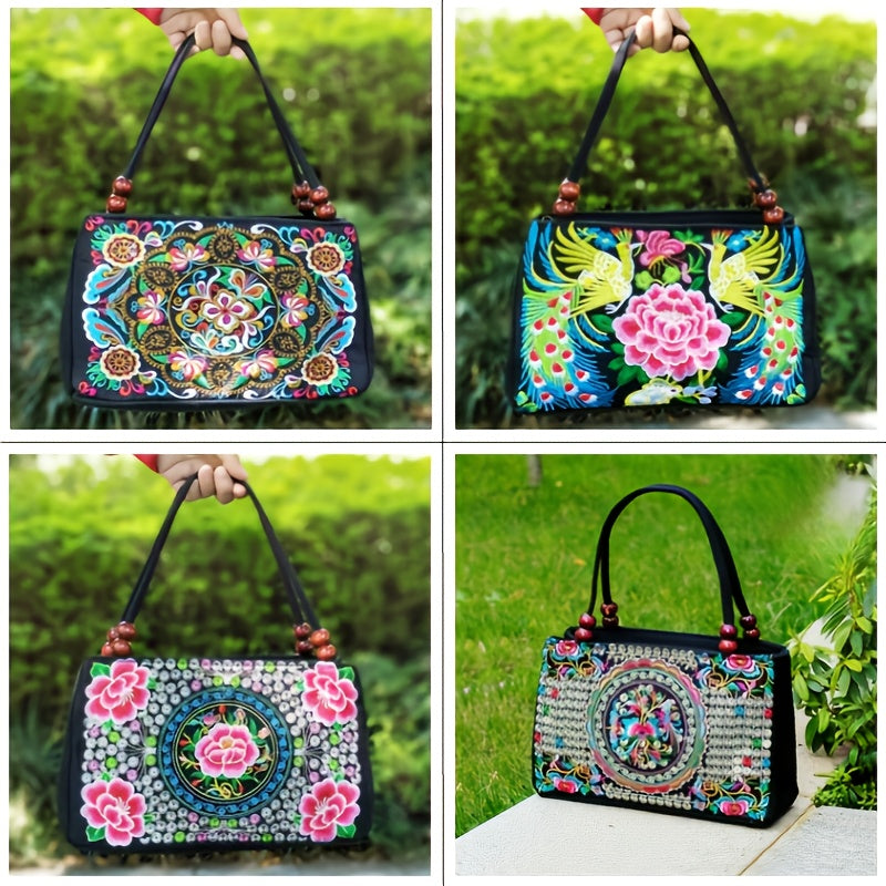 Embroidered Handbag, Double Zipper Bag, Women's Printed Handbag