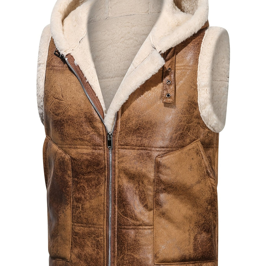Men's -Lined Hooded Vest, Thickened and -Lined, Fashionable Windproof Warm Jacket